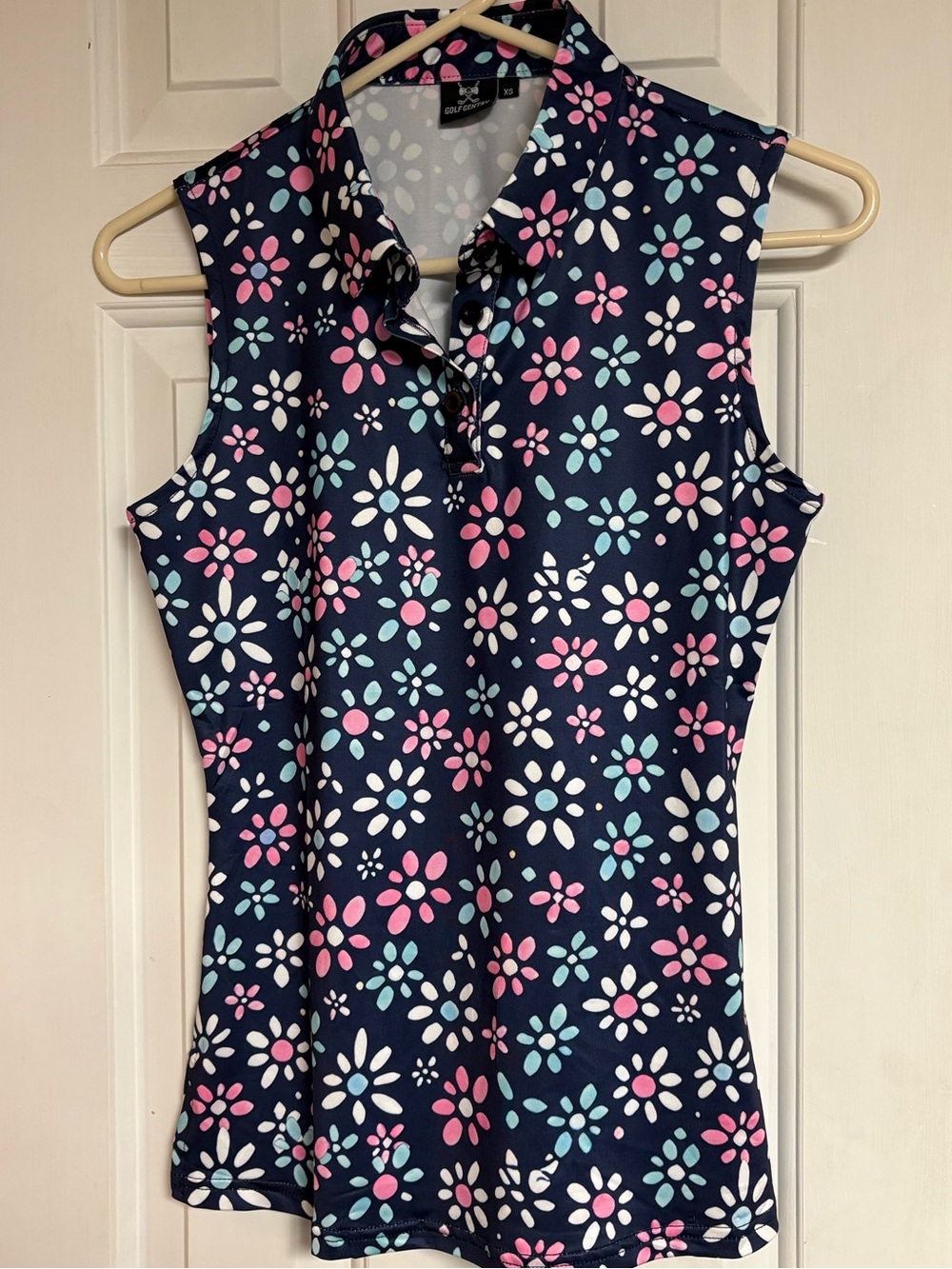 Sleeveless Floral Golf shirt- Navy with Pink & Light Blue, XS